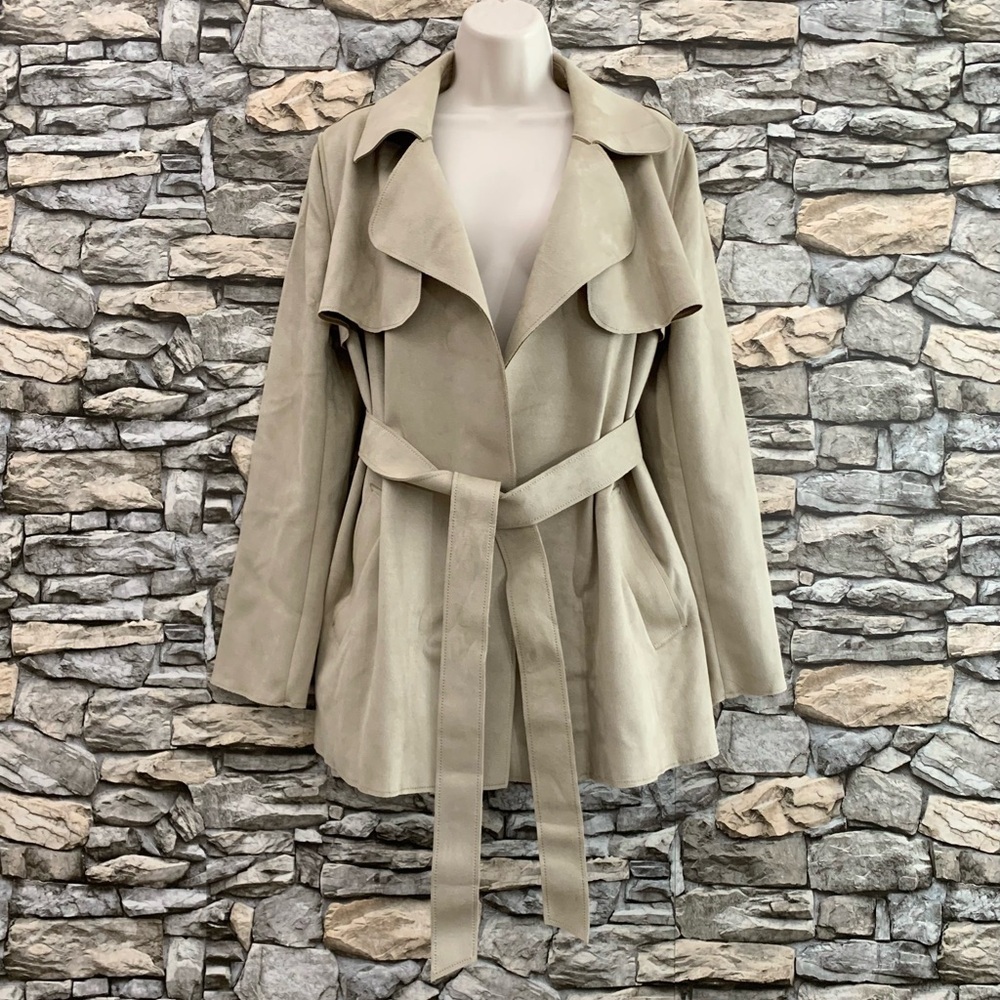 #13 Vintage H&M Tan Faux Suede Khaki Belted Short Open Trench Coat Jacket 10